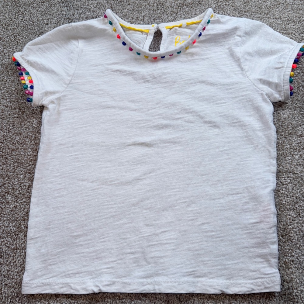 Boden Girls White Slub‎ Cotton Pom Pom Trim Tee Short Sleeve Shirt 4-5Y 110cm